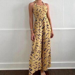 NWT Yellow and Black Print Smocked Halter Jumpsuit